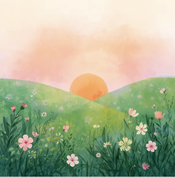 Prairie fleurie au lever du soleil, symbole de renouveau
